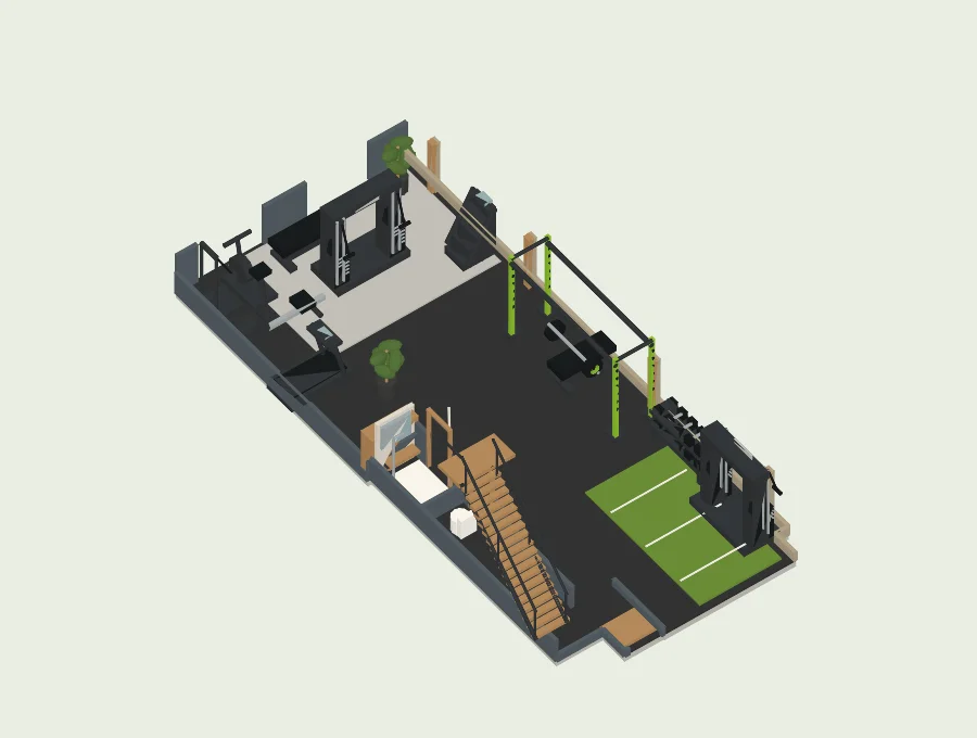 Schematische 3D-weergave van de begane grond: cardio linksachter, kabels achterin, krachttraining rechts en de functionele corner voorin
